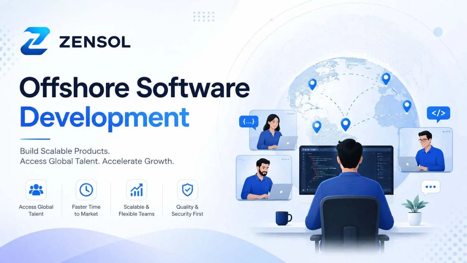 Zensol offshore software development banner featuring global developers, a digital globe, and collaborative technology solutions